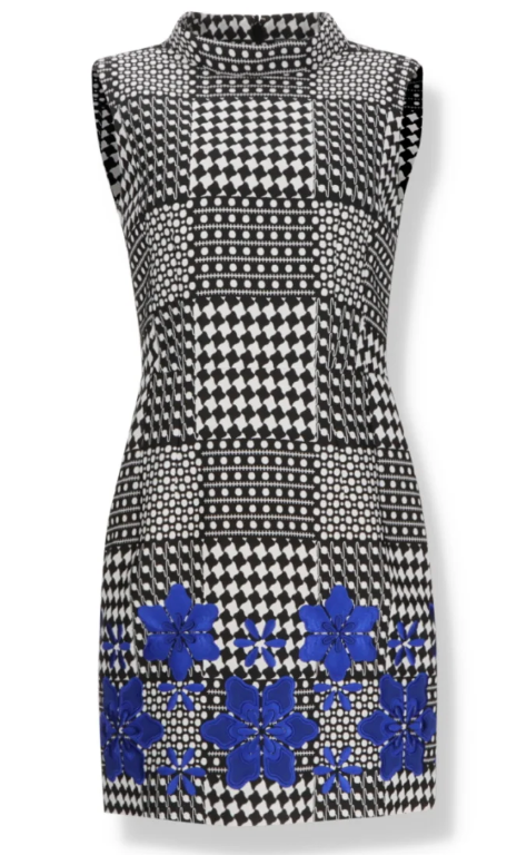 Black and White Check Mini Dress with Floral Embroidery
