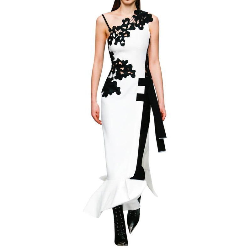 David Koma White & Black Lace Detailed Asymmetric Gown