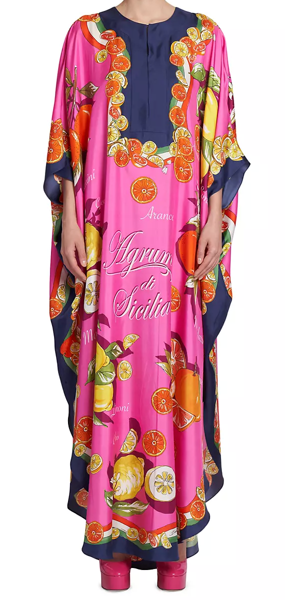 Pink Capri Silk Painterly Fruit Kaftan