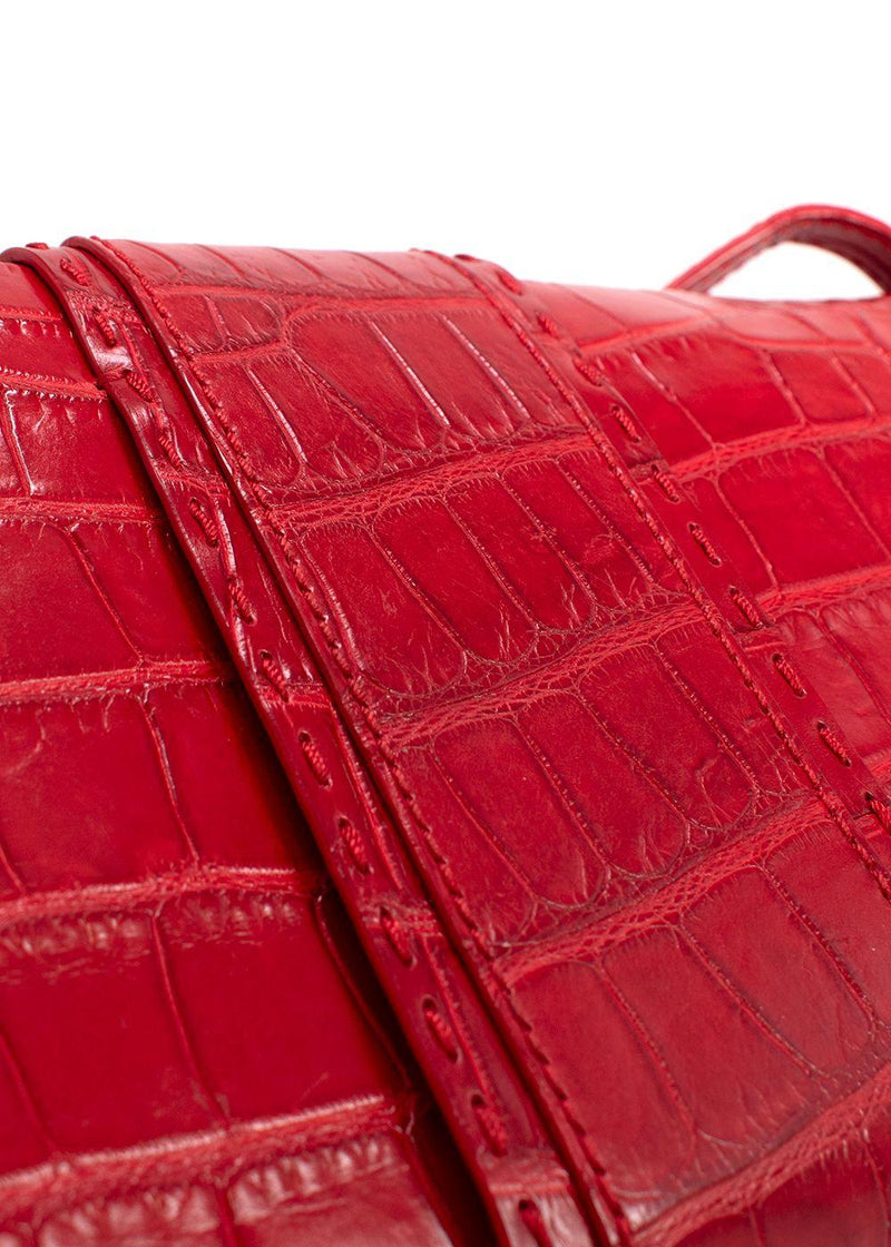 Giorgio Armani Red Crocodile Embossed Buckle Shoulder Bag