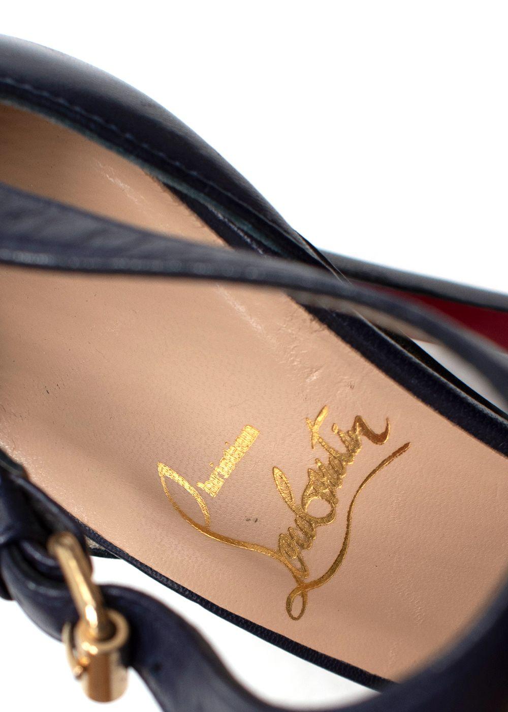 Christian Louboutin Black Leather Peep-Toe T-Strap Heels with Gold Hardware