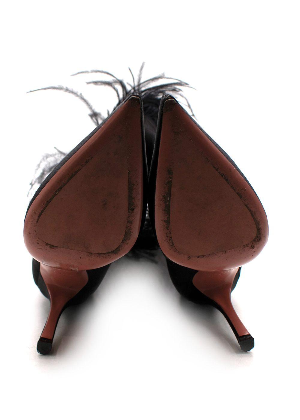 Amina Muaddi Black Satin Boots with Feather Detailing