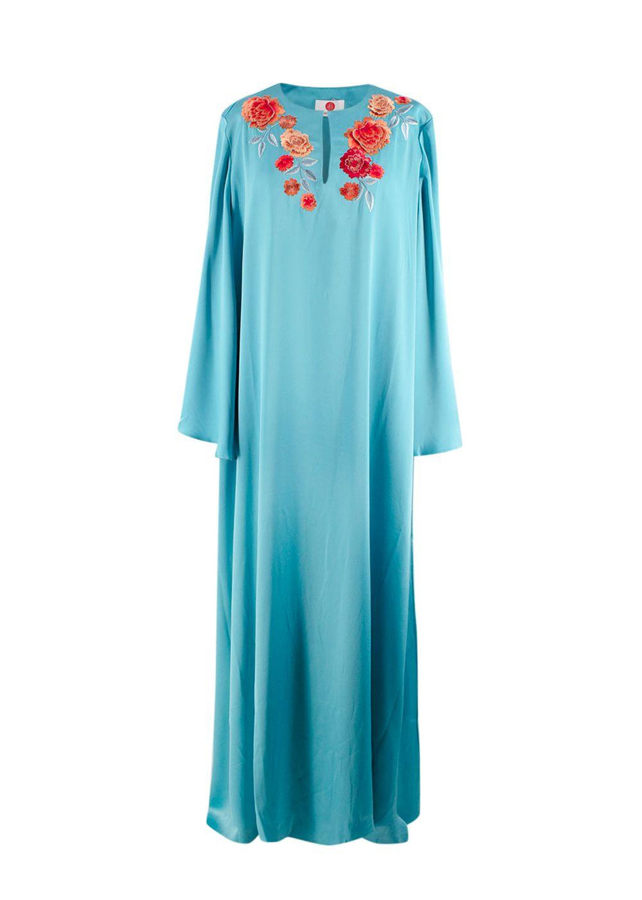 Elegant Embroidery Teal Satin Floral Applique Kaftan