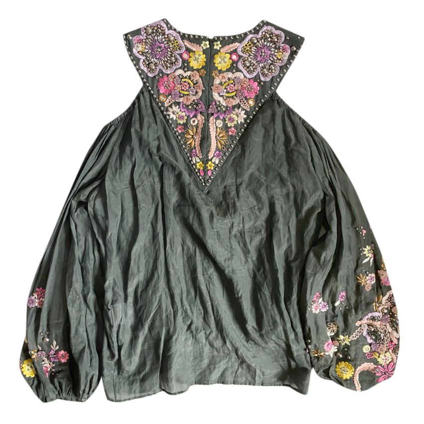 Emilio Pucci Khaki Studded Embroidered Cold-Shoulder Blouse