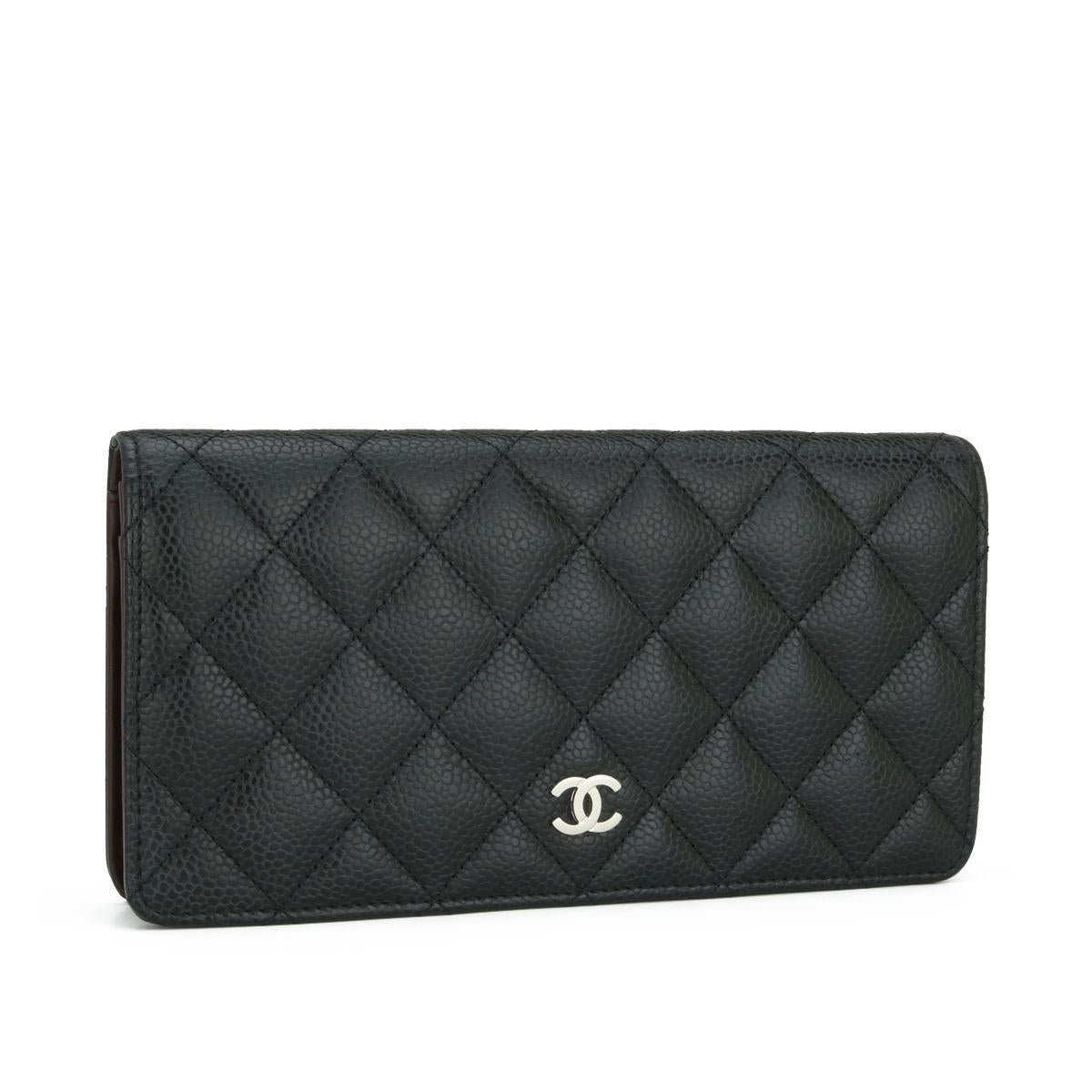 Chanel Black Caviar Leather Long Flap Yen Wallet with Silver Hardware