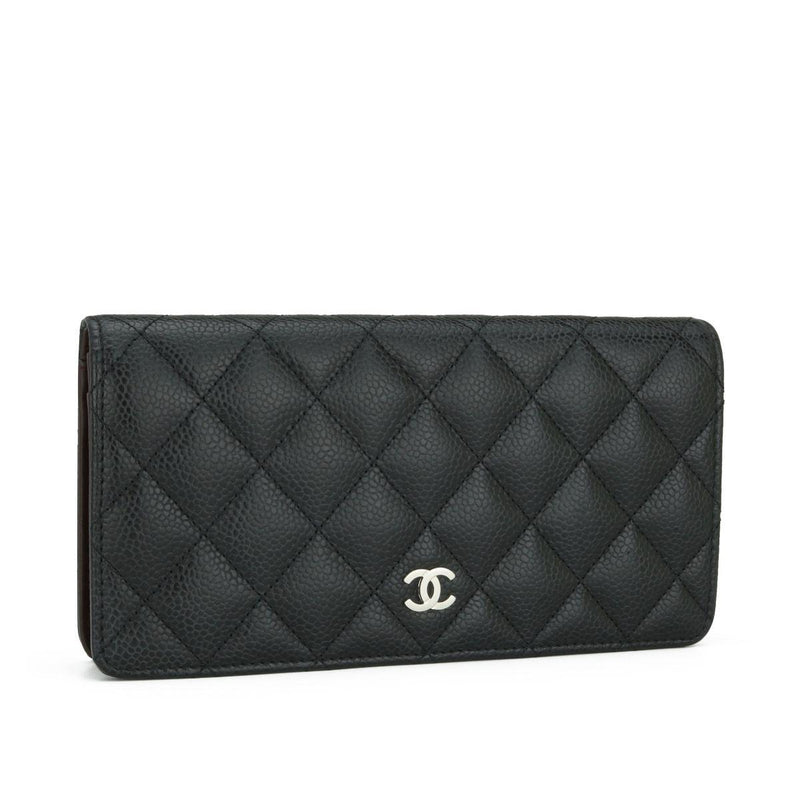 Chanel Black Caviar Leather Long Flap Yen Wallet with Silver Hardware