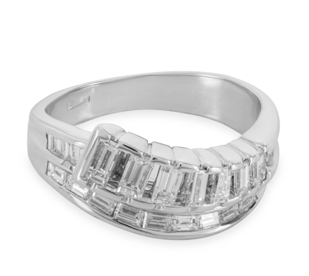 Baguette Cut Double Row 18kt White Gold Ring - Size M½