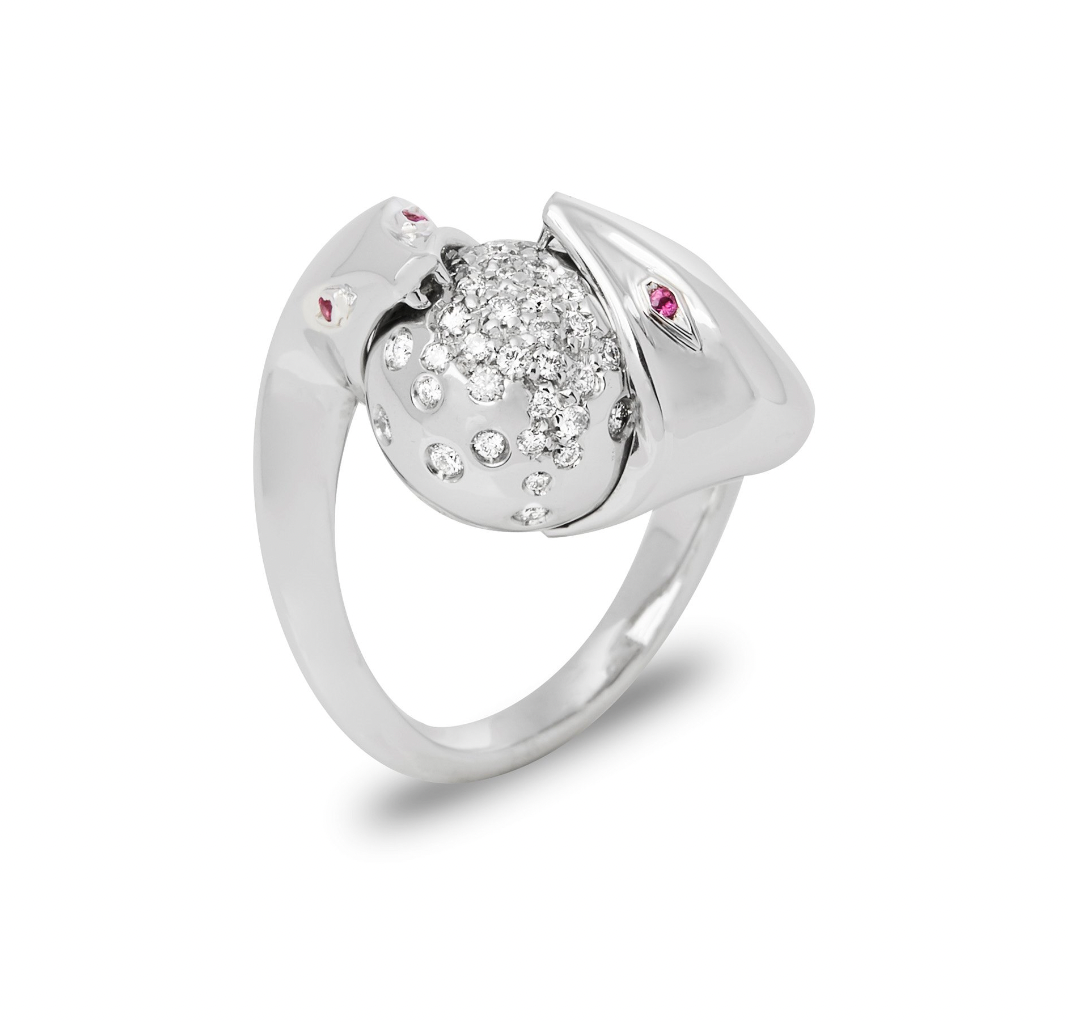 18ct white gold, diamond & ruby Serpent ring 52EU