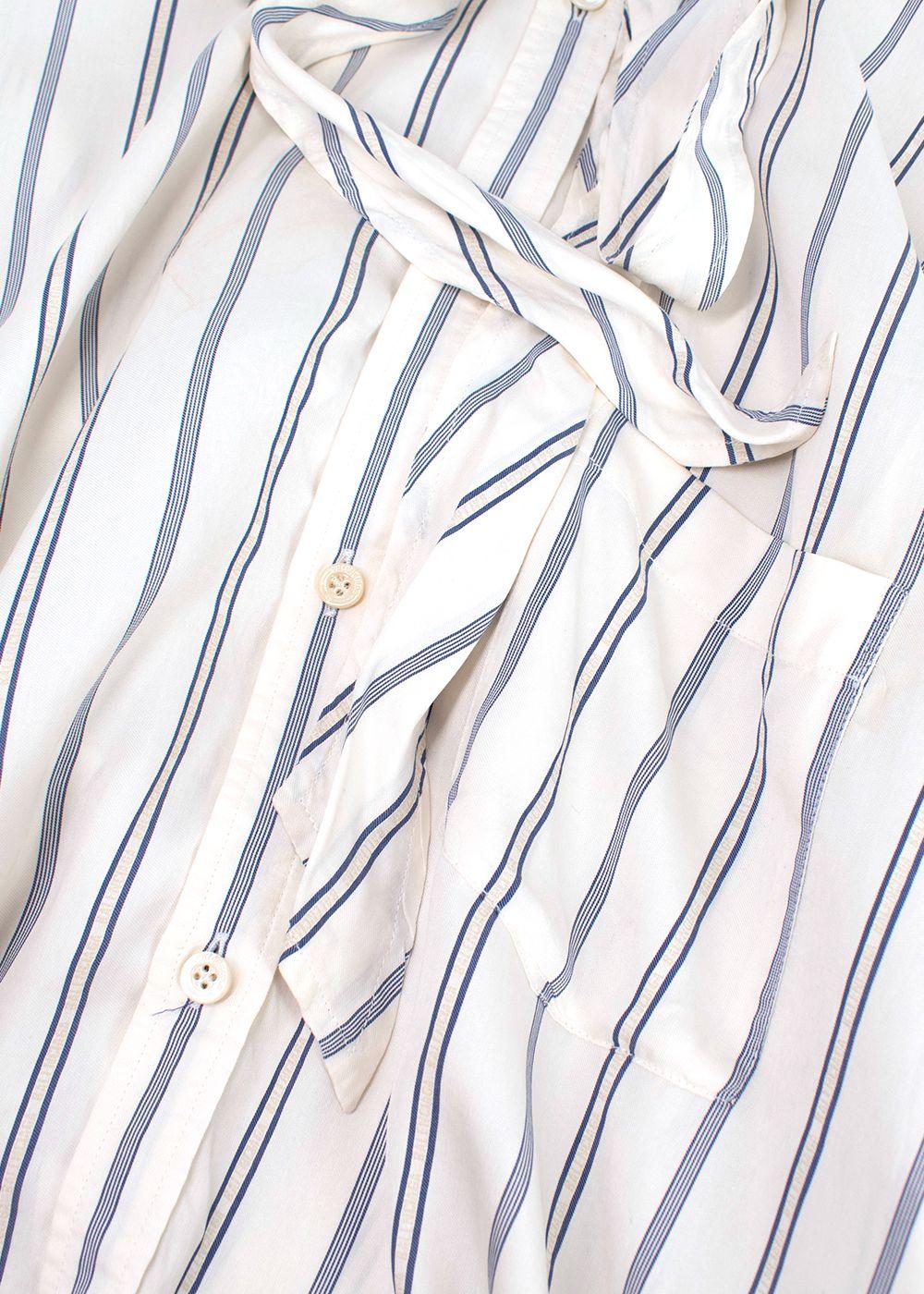 Balenciaga White and Blue Striped Silk Logo Shirt