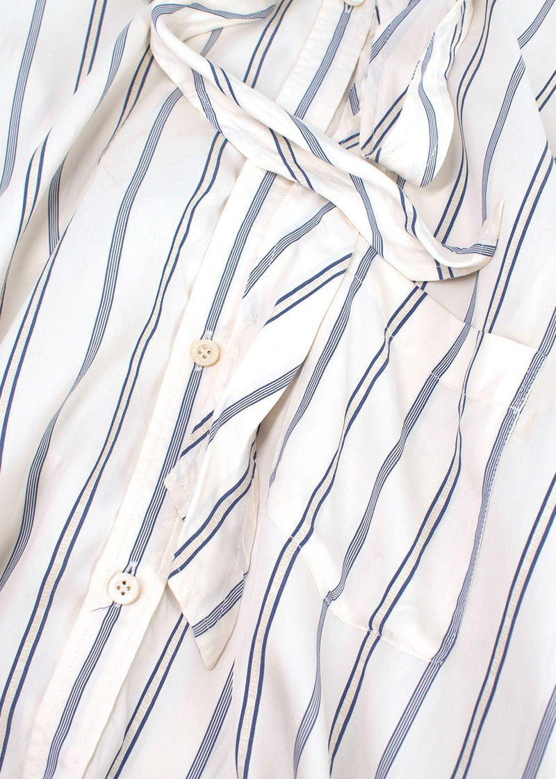 Balenciaga White and Blue Striped Silk Logo Shirt