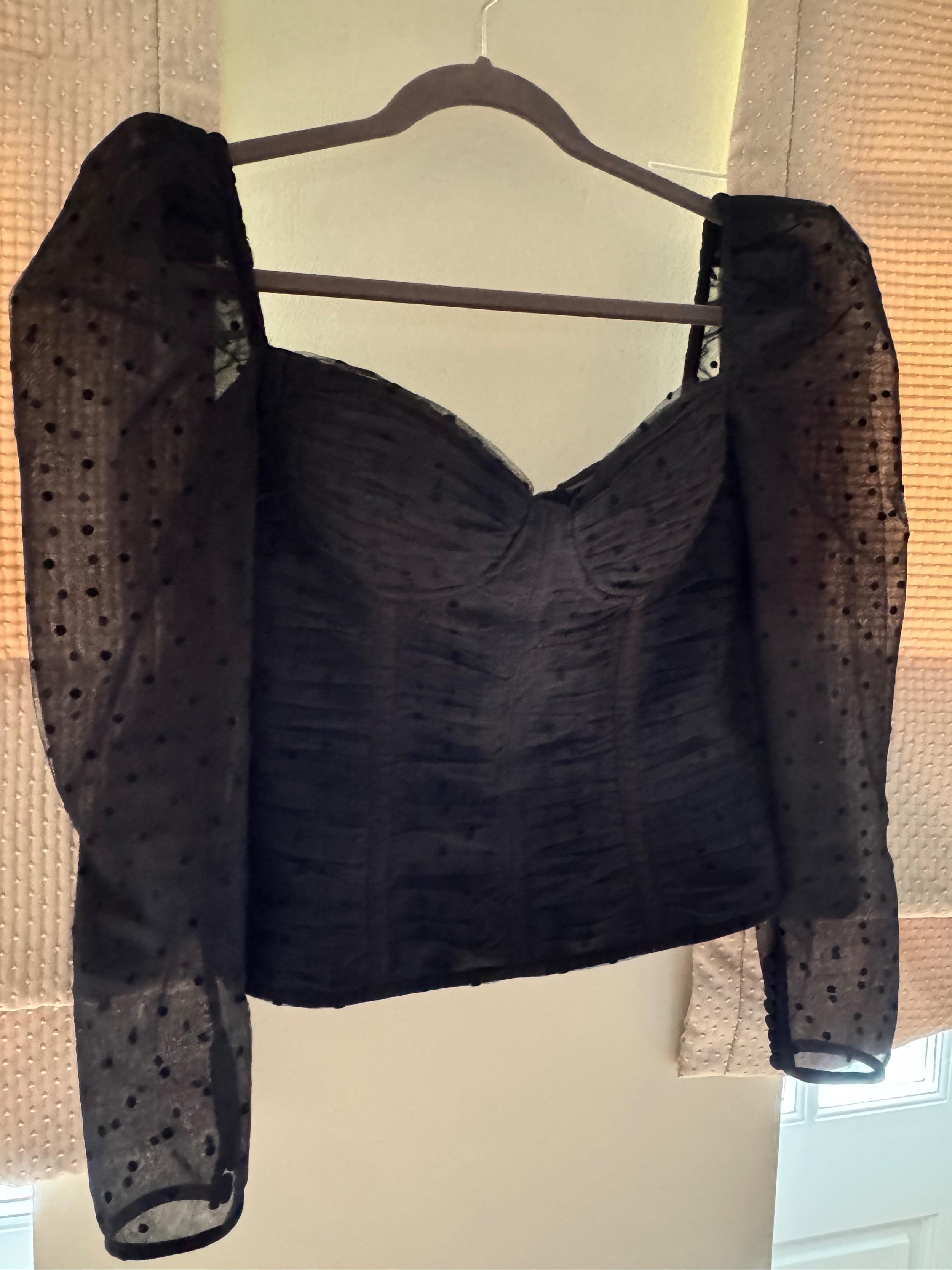 Black Polka-Dot Mesh Long-Sleeve Corset Top