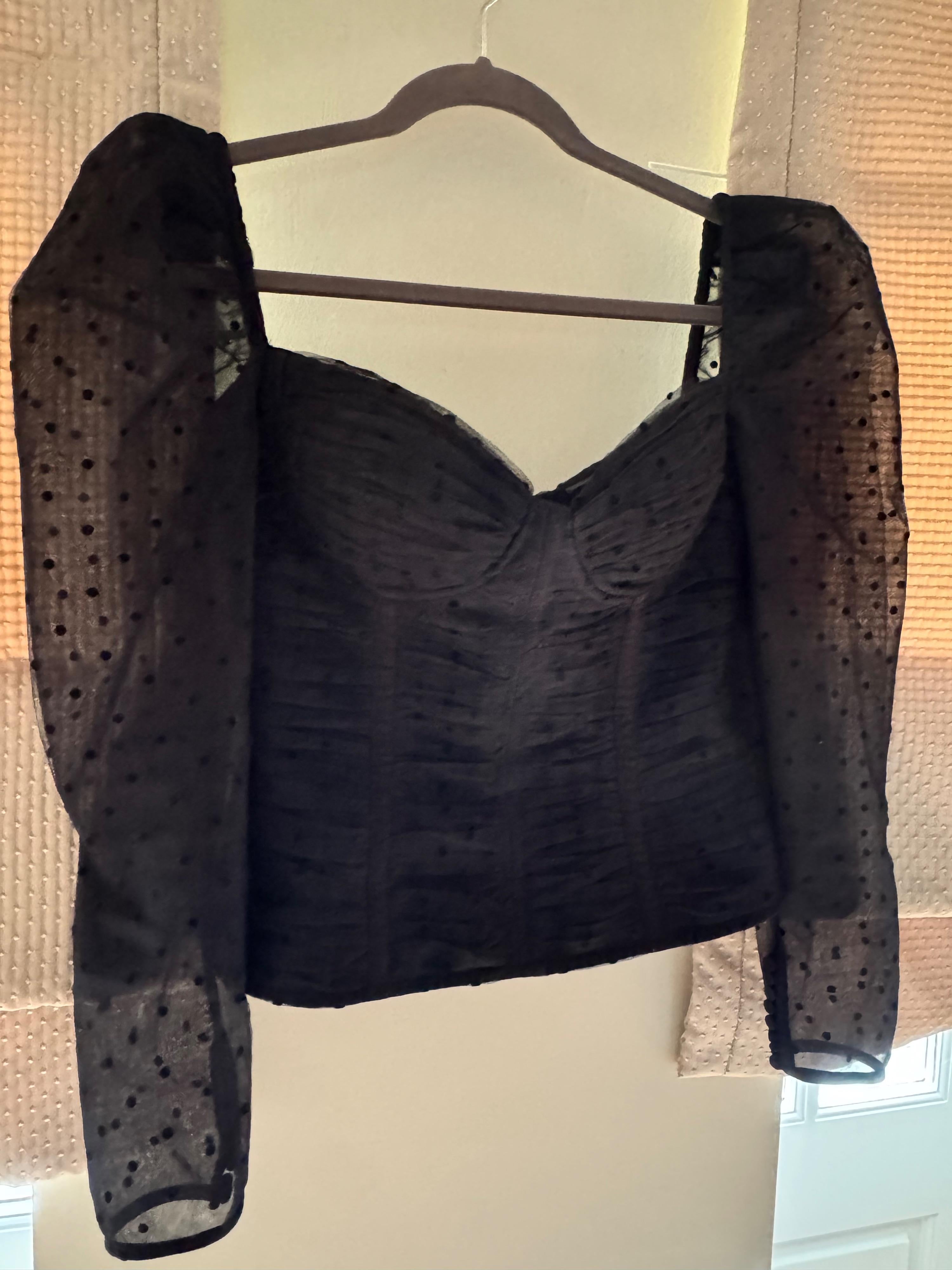 Black Polka-Dot Mesh Long-Sleeve Corset Top