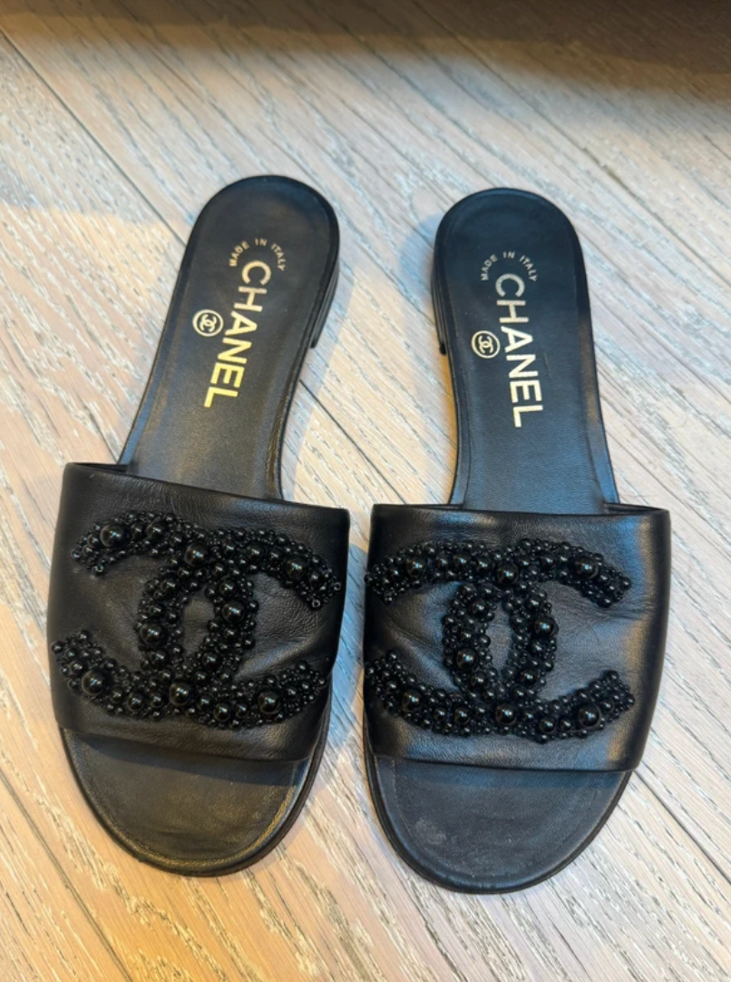 Chanel Embellished Black Slides