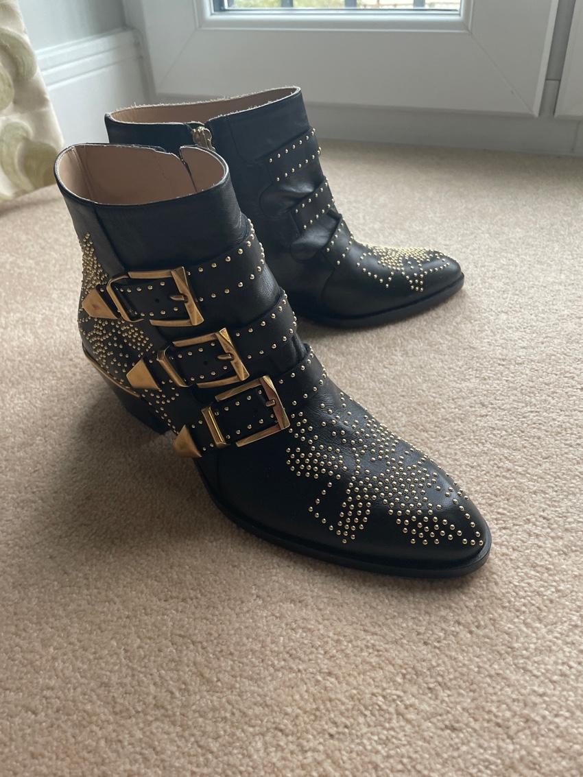 Chloe Black Leather Susanna Gold-Tone Studded Ankle Boots