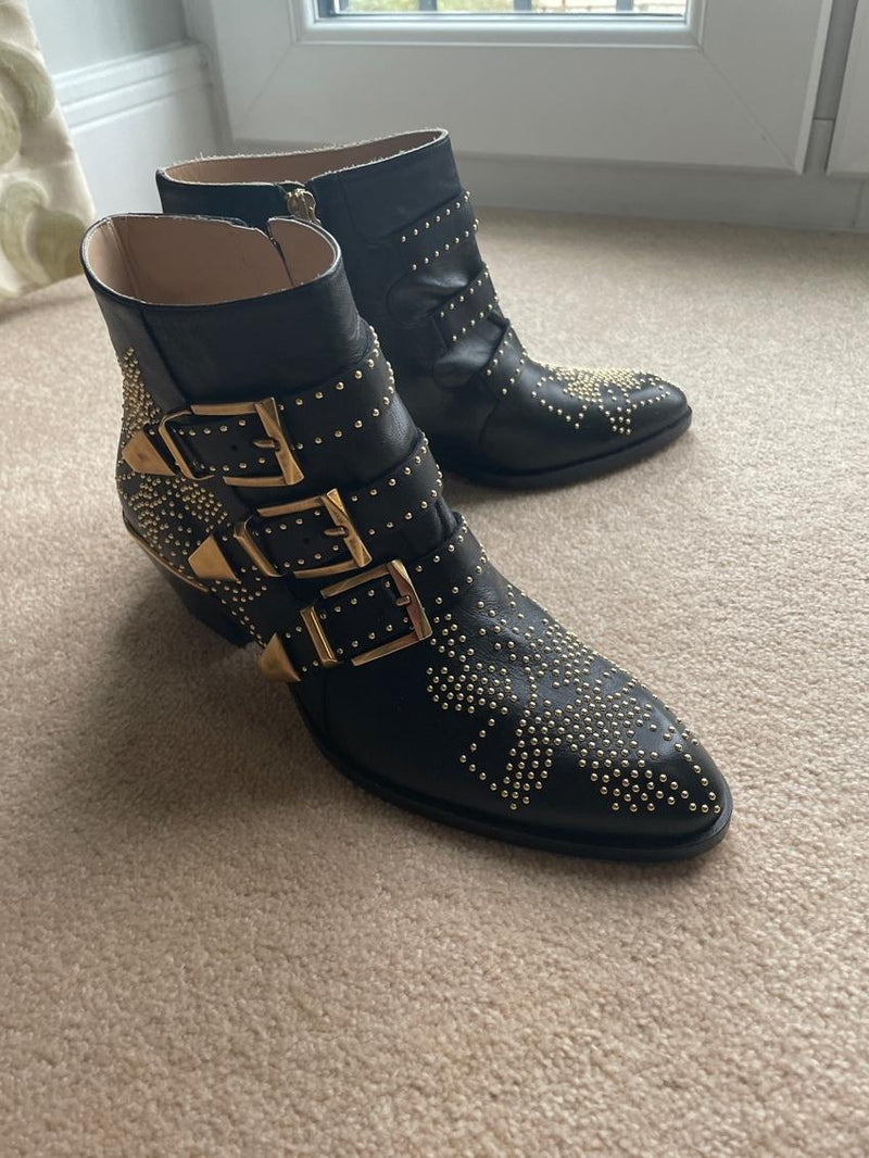 Chloe Black Leather Susanna Gold-Tone Studded Ankle Boots
