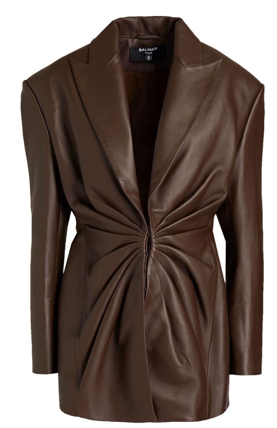 Balmain Brown Ruched Leather Blazer