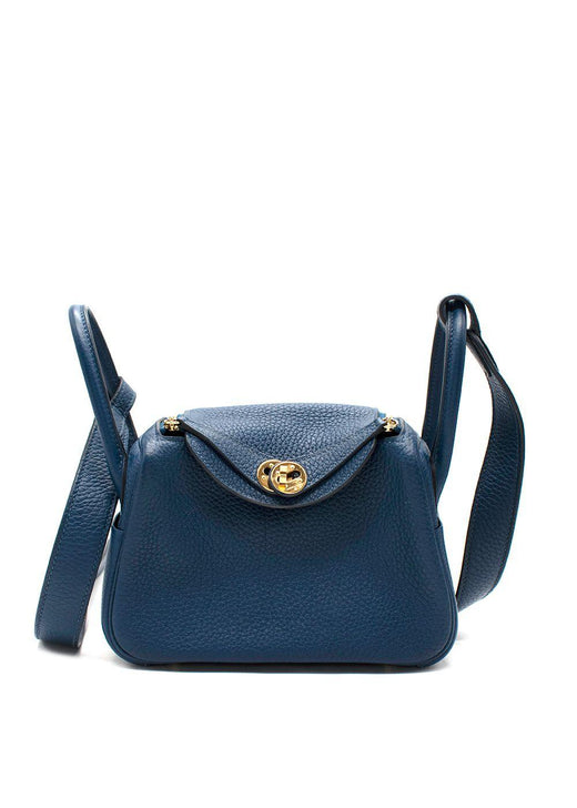 Hermes Taurillon Clemence Mini Lindy in Deep Bleu with Gold Hardware