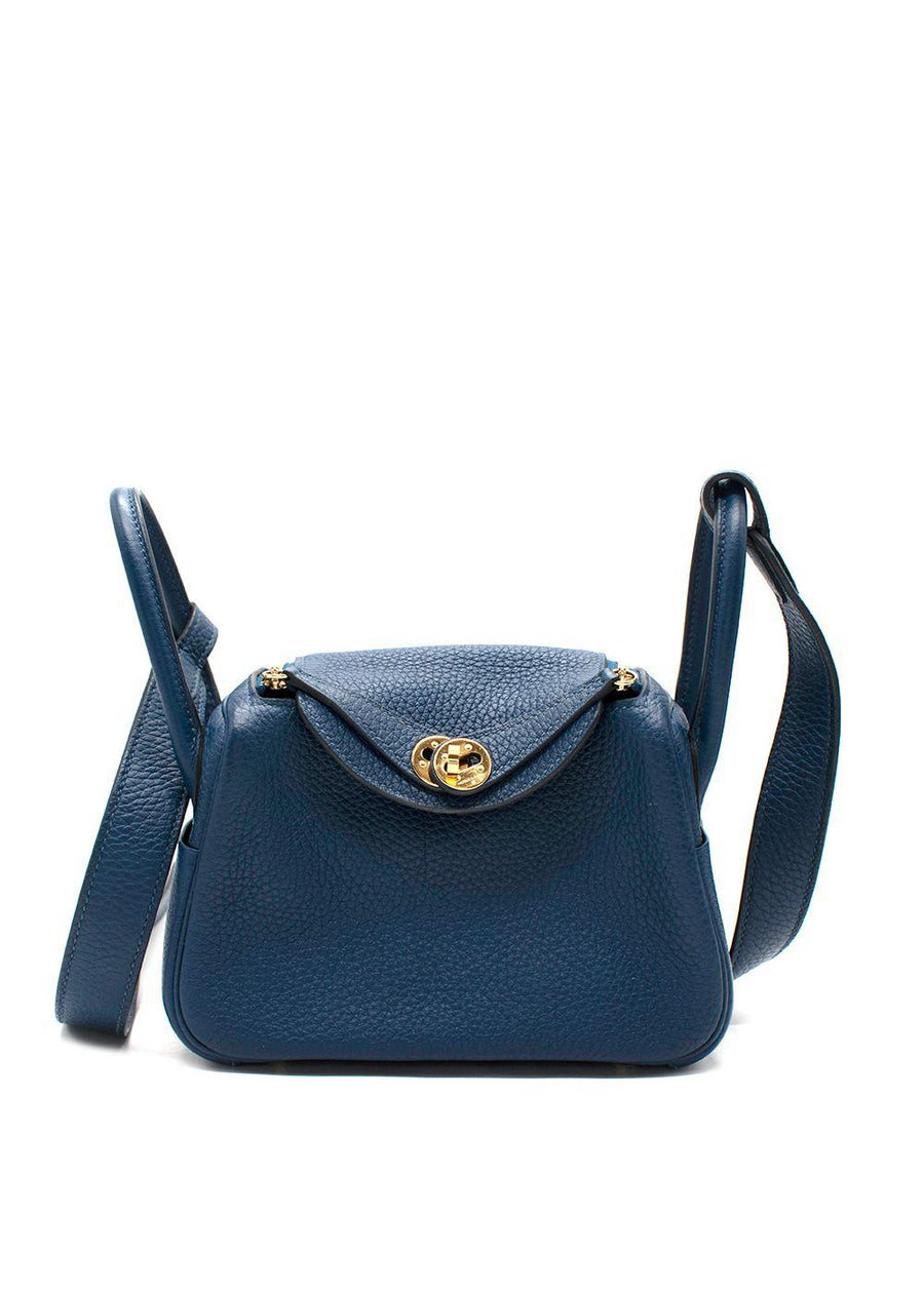 Hermes Taurillon Clemence Mini Lindy in Deep Bleu with Gold Hardware