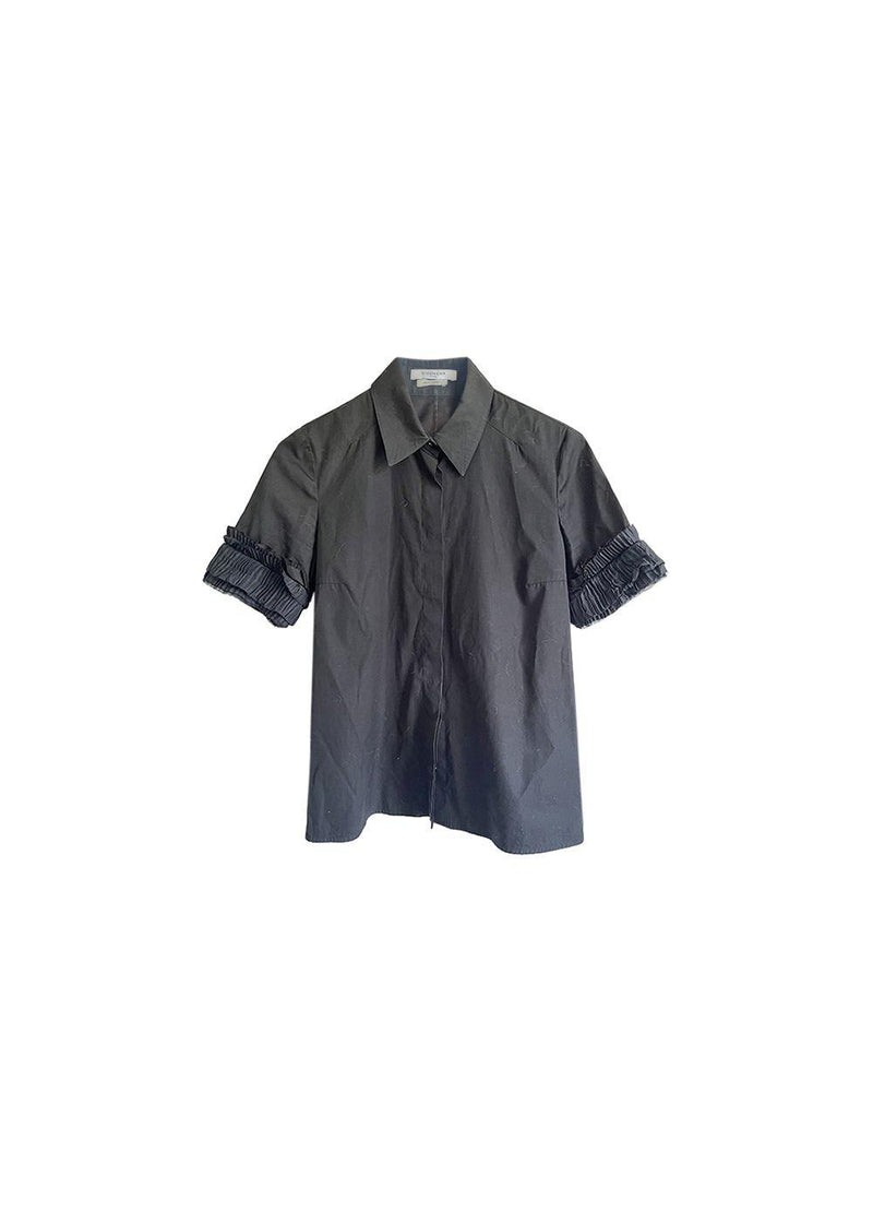 Black cotton ruffle-sleeve shirt