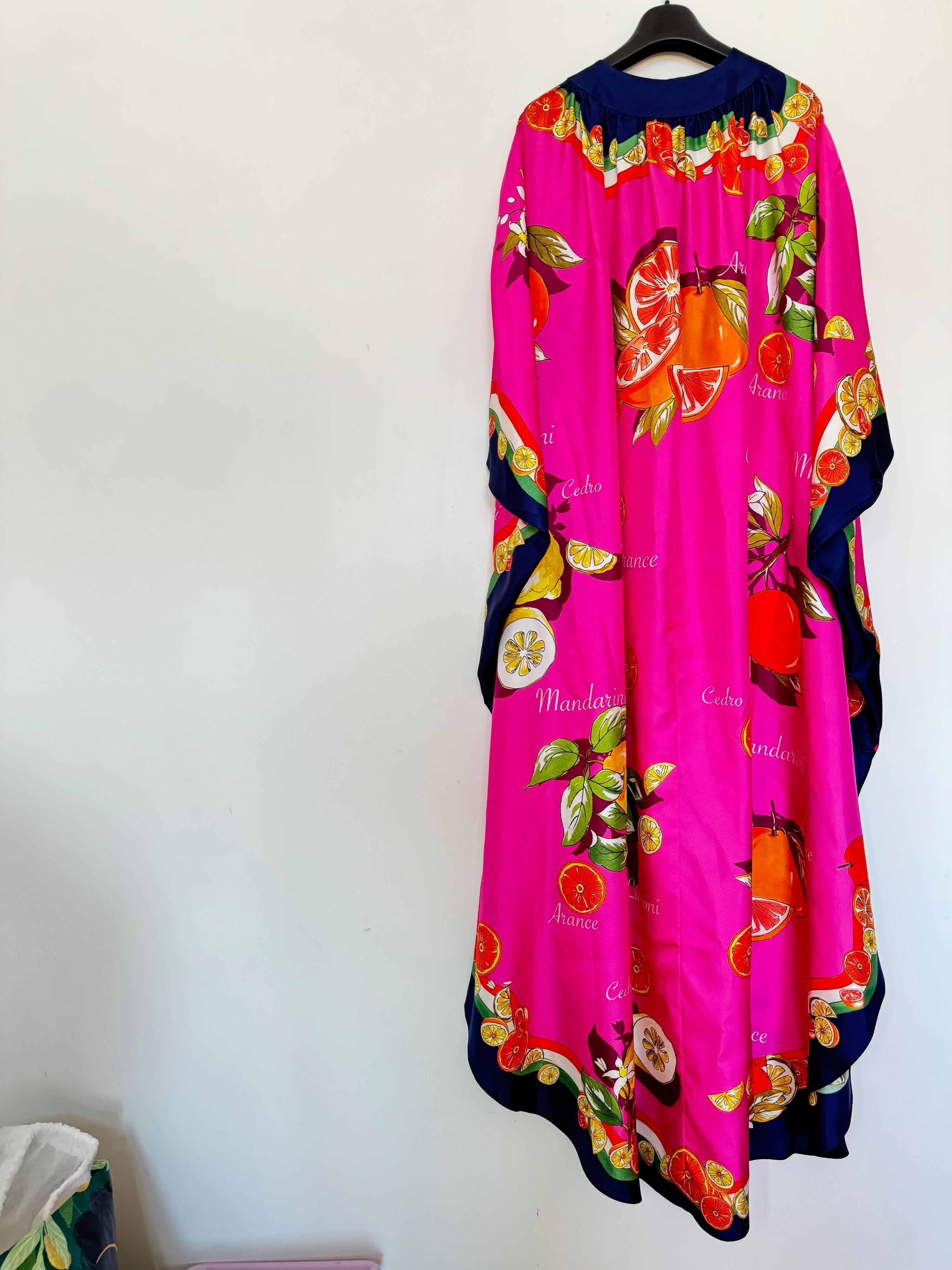Pink Capri Silk Painterly Fruit Kaftan
