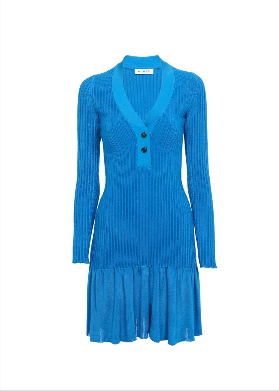 Blue Ribbed Knit Short Dress