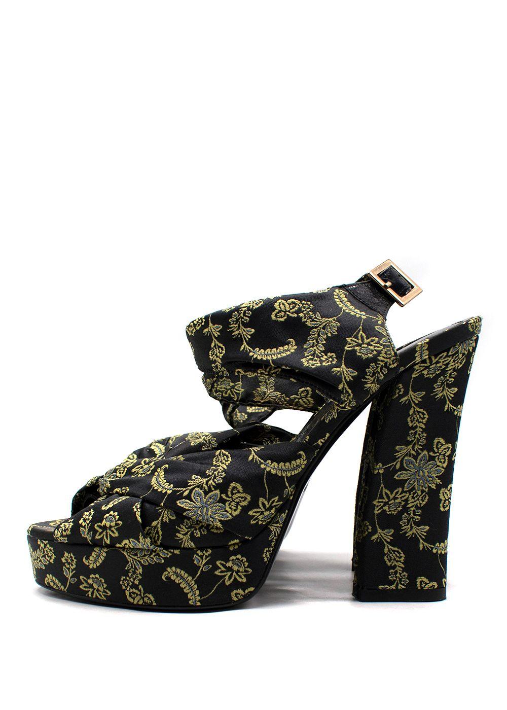 Erdem Black and Green Brocade Platform Sandals