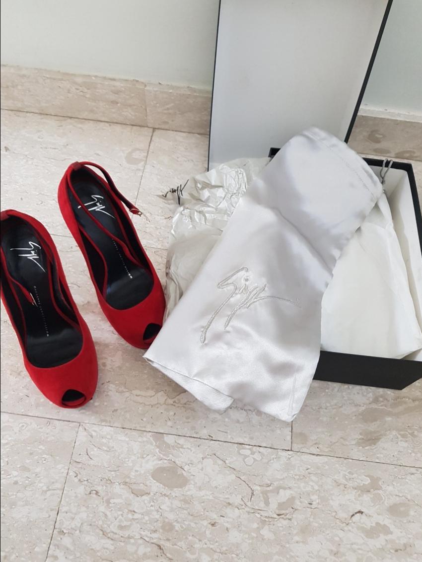 Giuseppe Zanotti red suede open toe ankle strap pumps