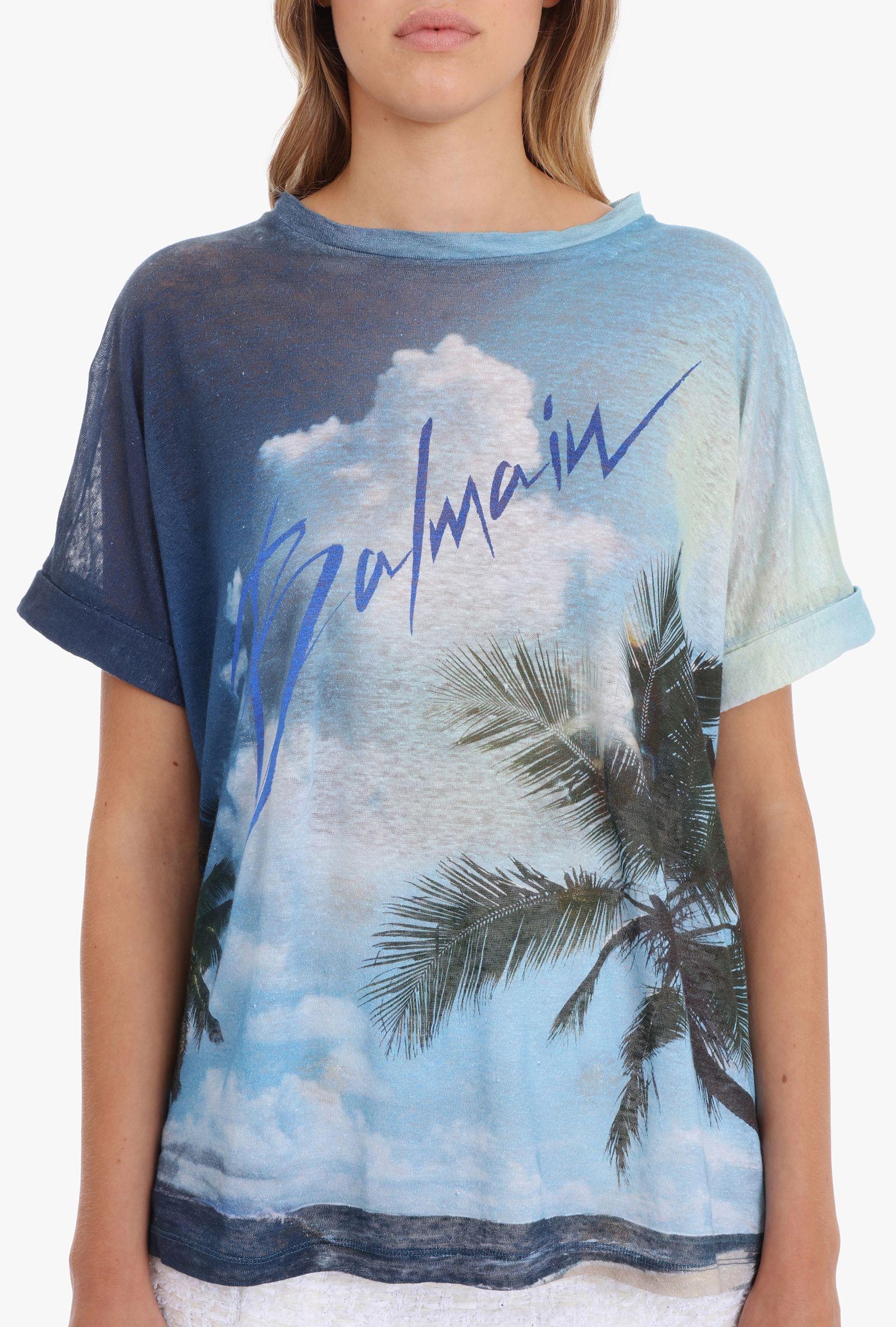 Blue digital print linen T-shirt