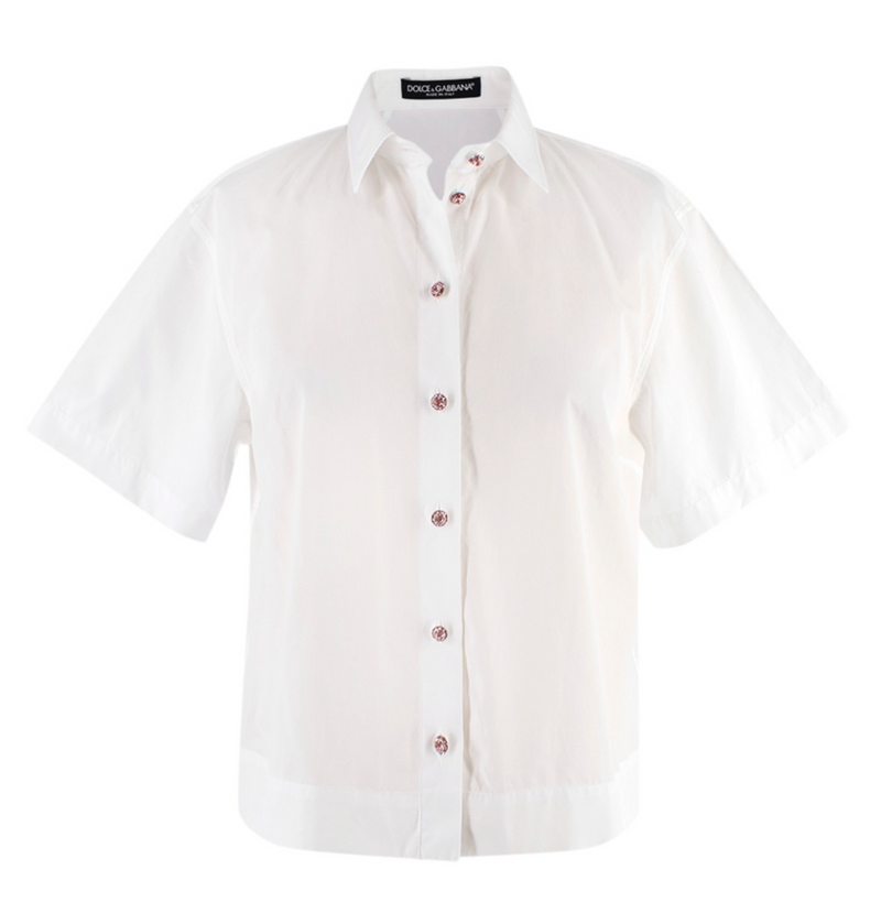 Dolce & Gabbana White Cotton Poplin Shirt with Pink Crystal Buttons