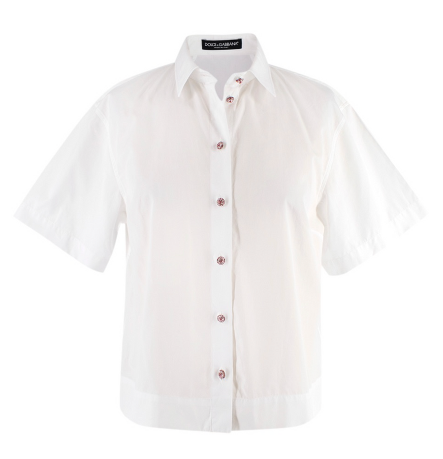 Dolce & Gabbana White Cotton Poplin Shirt with Pink Crystal Buttons