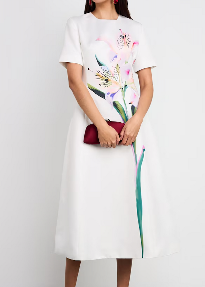 LEO LIN Satin Floral Caroline Midi Dress