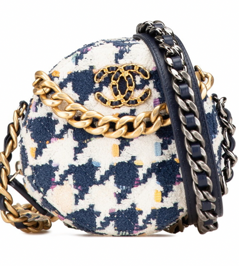 Chanel Navy and White 2020 Tweed 19 Round Clutch With Chain