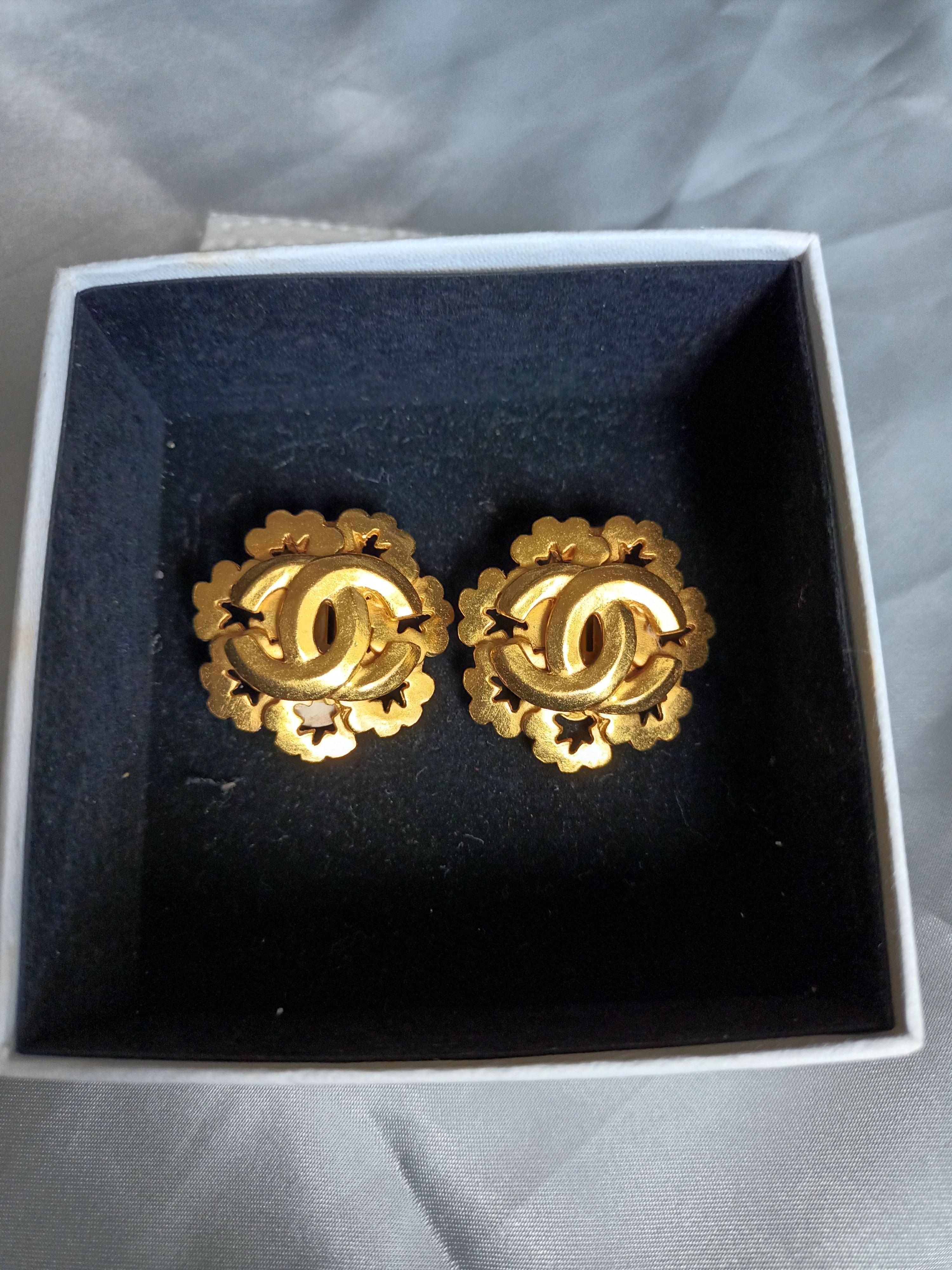 Chanel Gold Plated CC Flower Earrings