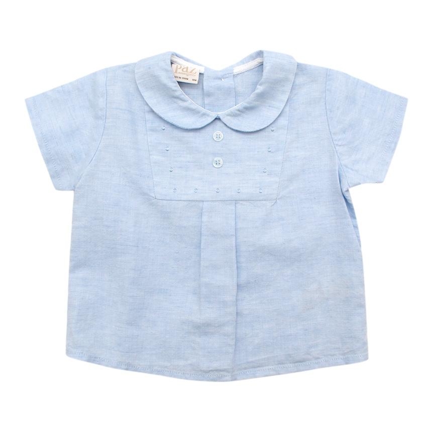 Paz Rodriguez Blue Cotton & Linen Short Sleeve Top