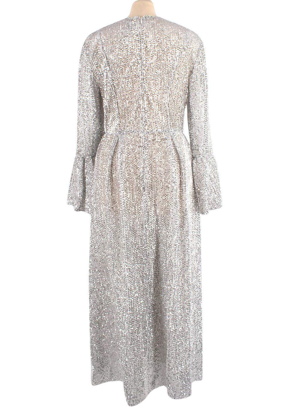Silver Sequin Embellished Frill Sleeved Maxi Dress