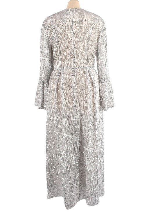 Silver Sequin Embellished Frill Sleeved Maxi Dress