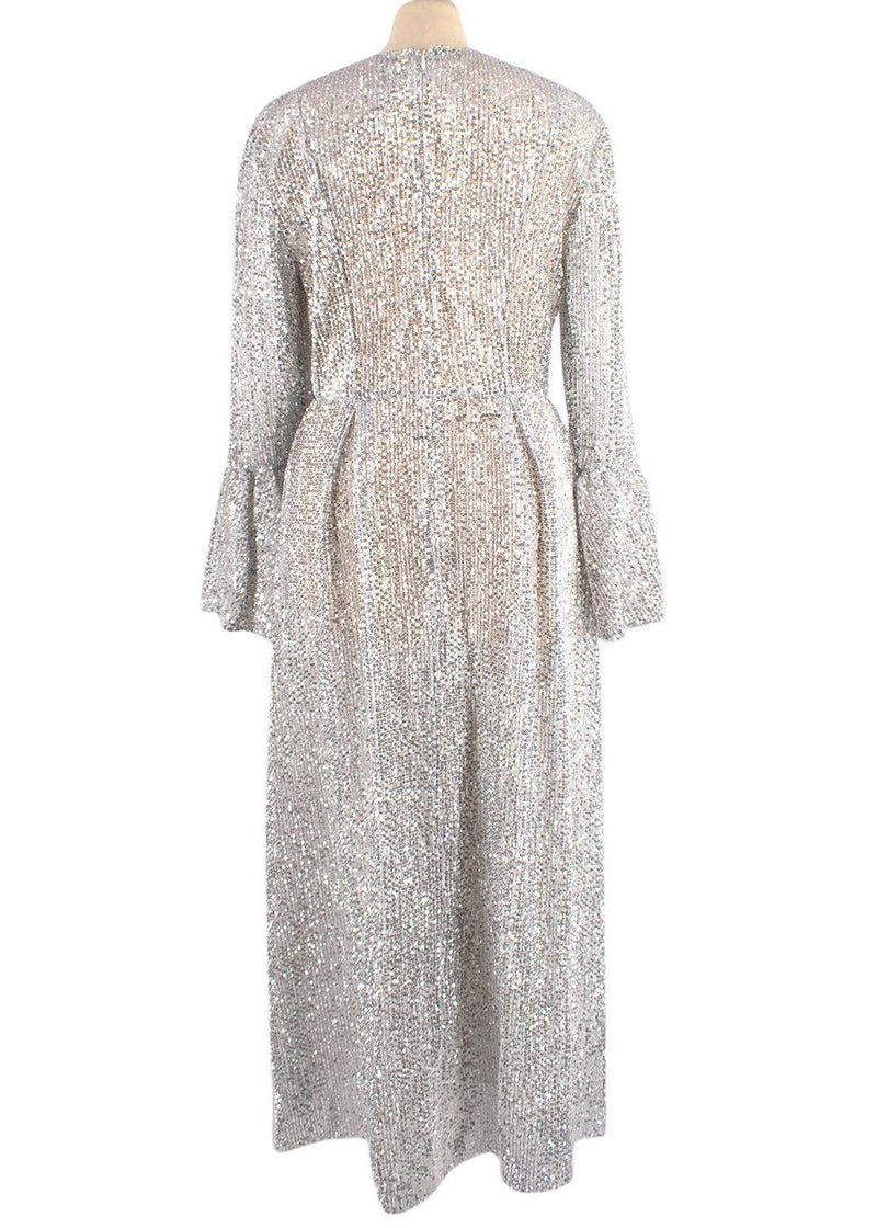Silver Sequin Embellished Frill Sleeved Maxi Dress