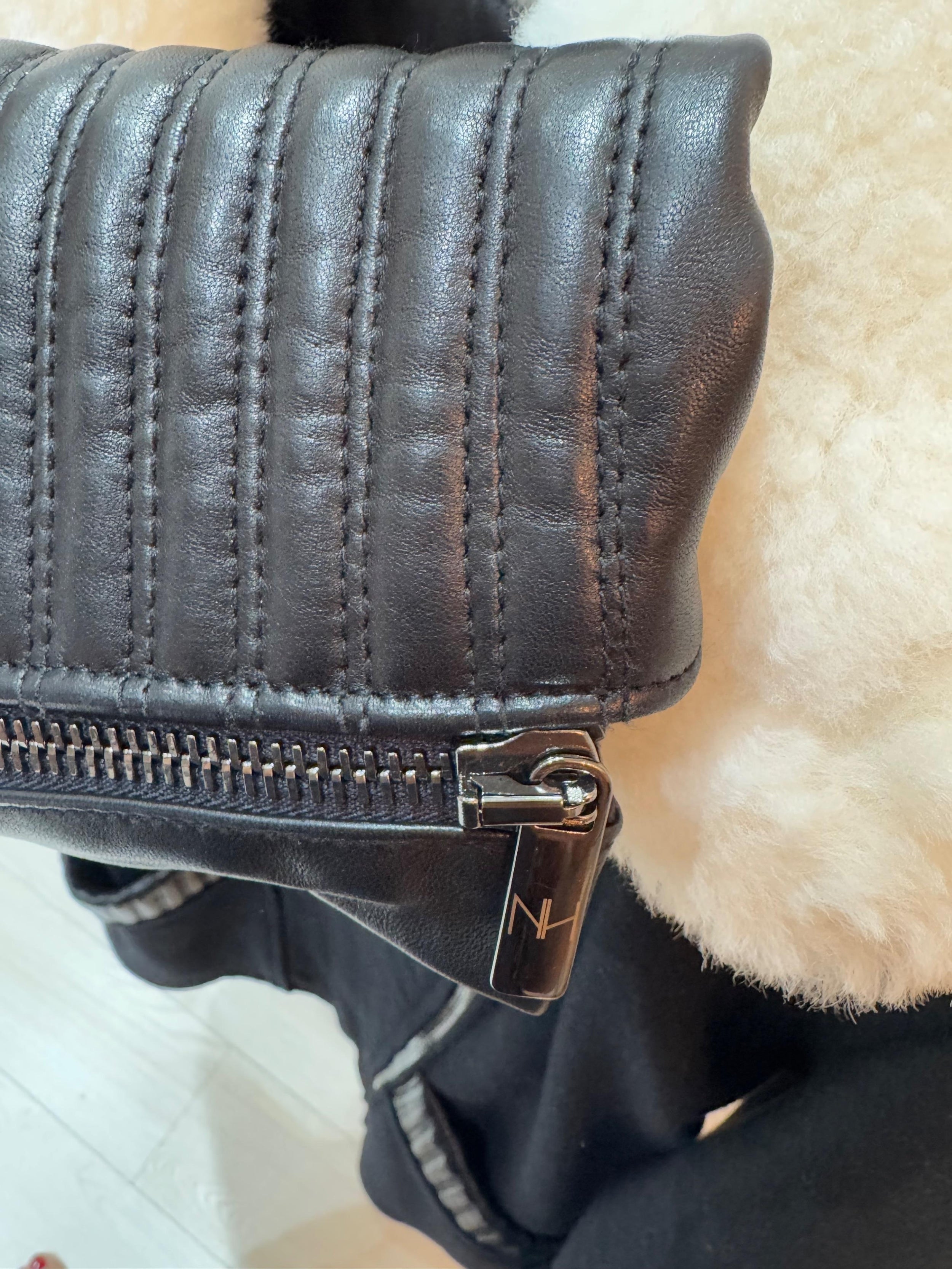 Nour Hammour Black Leather and Wool Biker Jacket