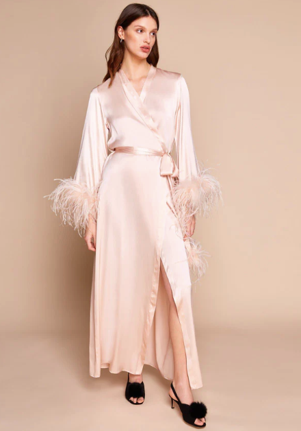 Gilda and Pearl Pink Camille Feather Trim Silk Robe