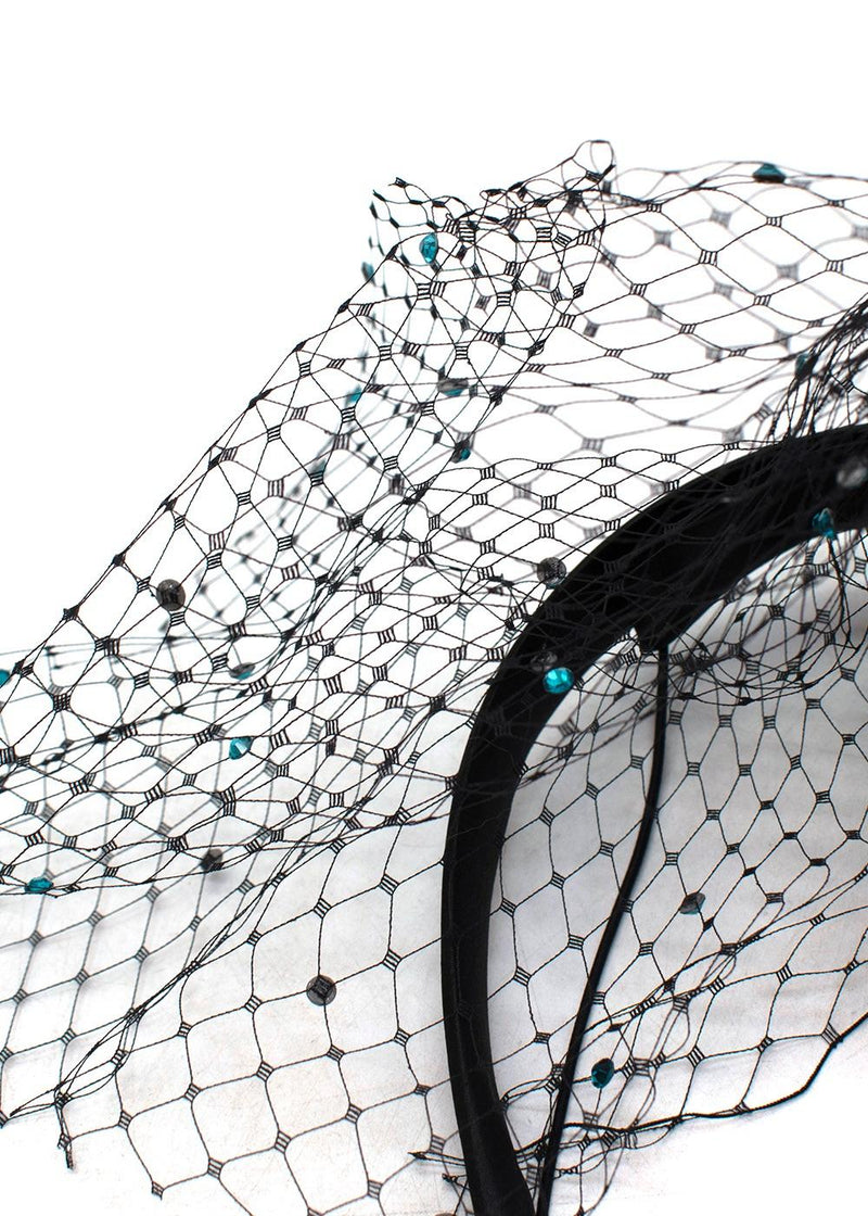 Black & Peacock Blue Crystal Embellished Mini Disc Fascinator with Veil