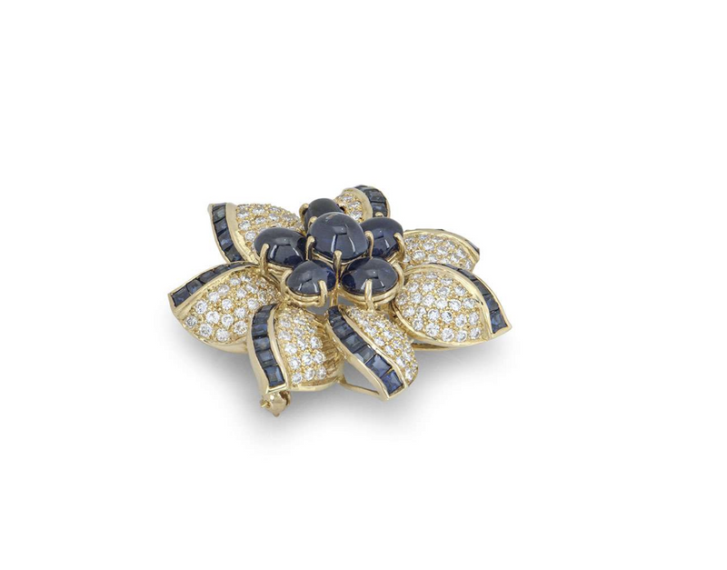 Bespoke Yellow Gold Diamond & Sapphire Flower Brooch