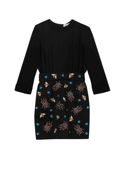 Black Silk Satin & Navy Crepe Insect Embellished Short Dress