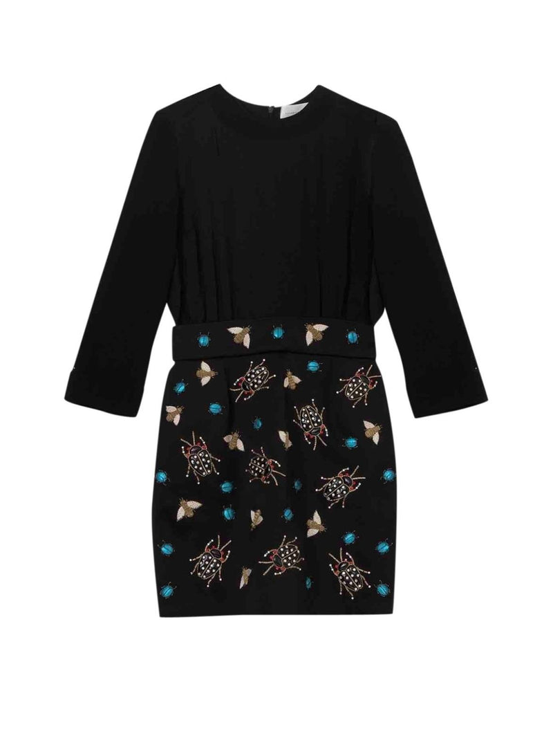 Black Silk Satin & Navy Crepe Insect Embellished Short Dress