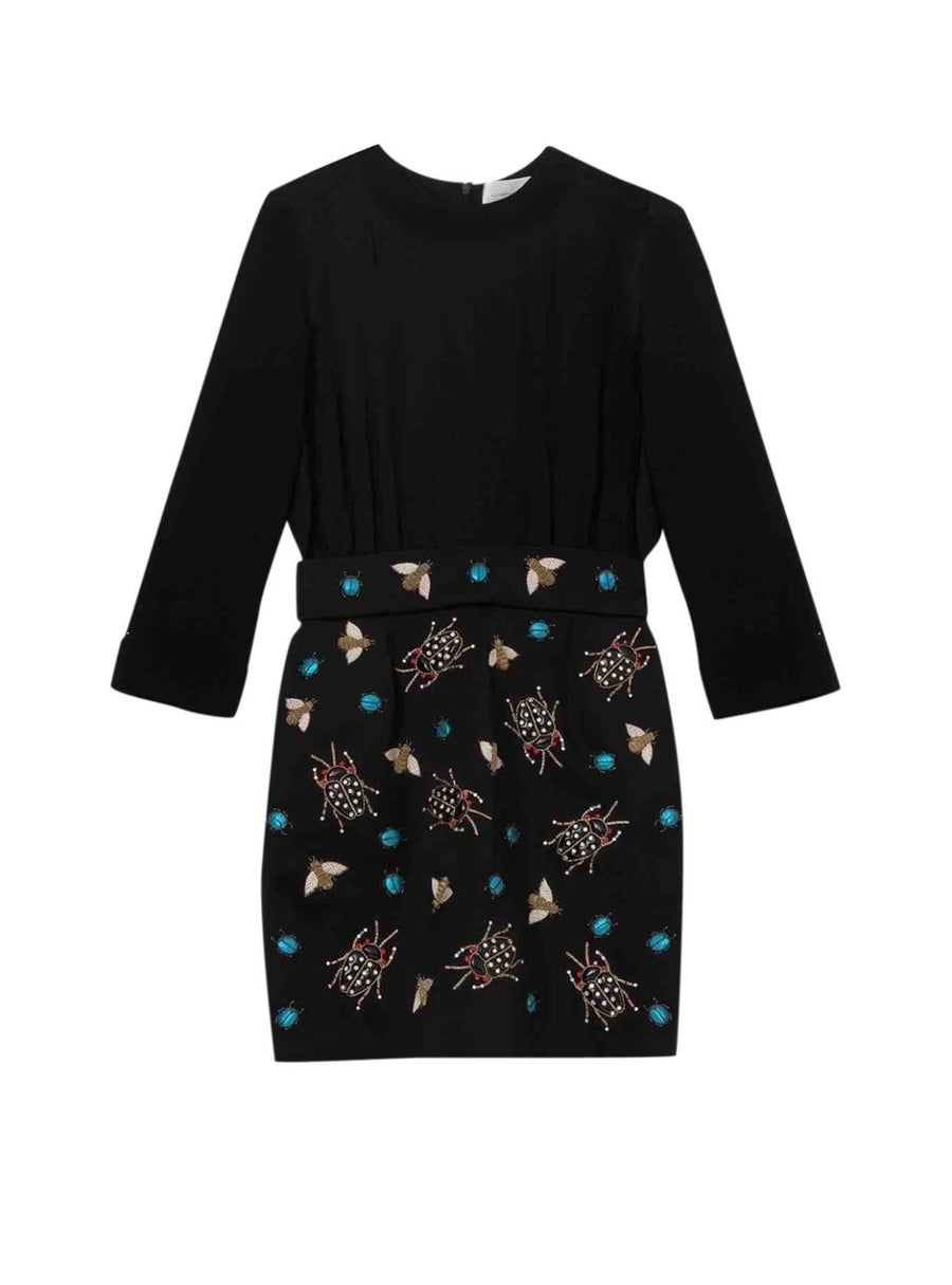 Black Silk Satin & Navy Crepe Insect Embellished Short Dress