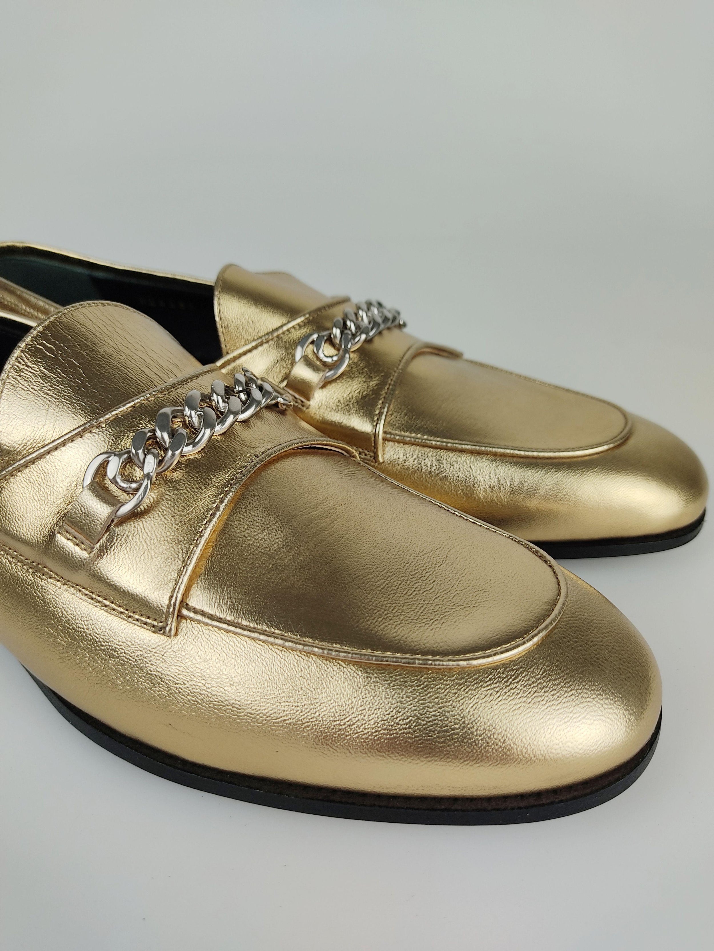 Gold leather chain embellished flat loafers