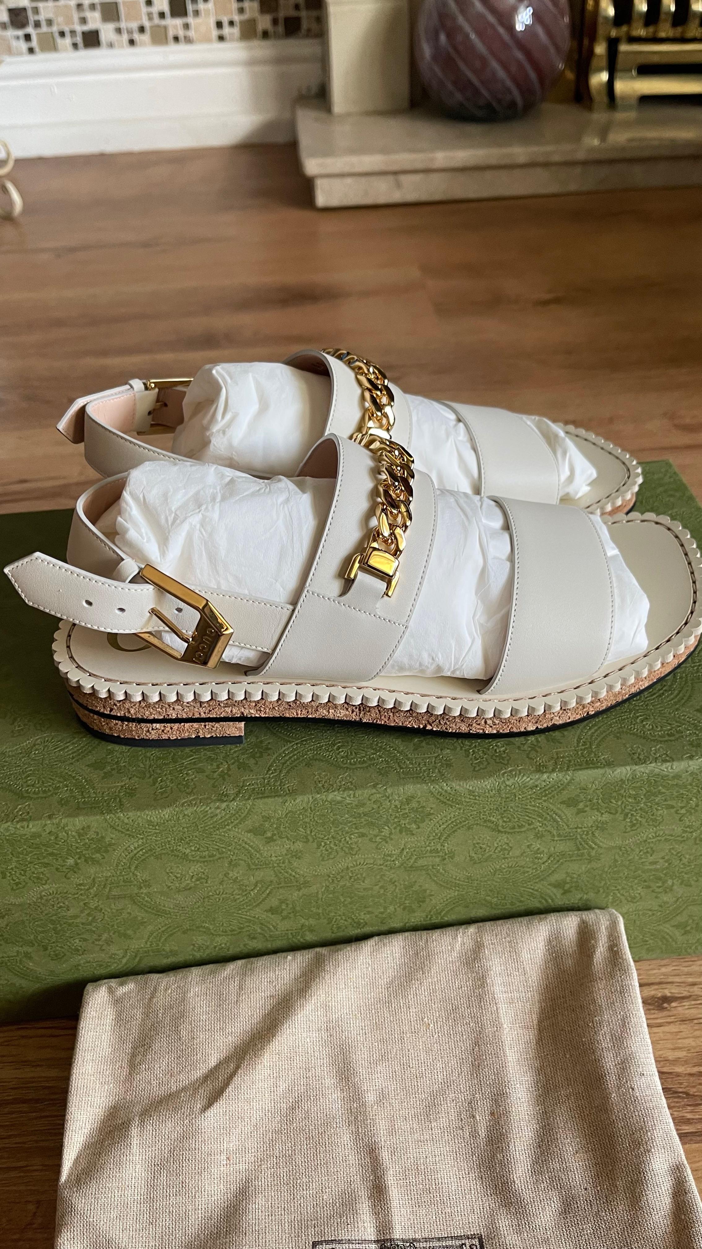 Cream leather chain embellished sandals