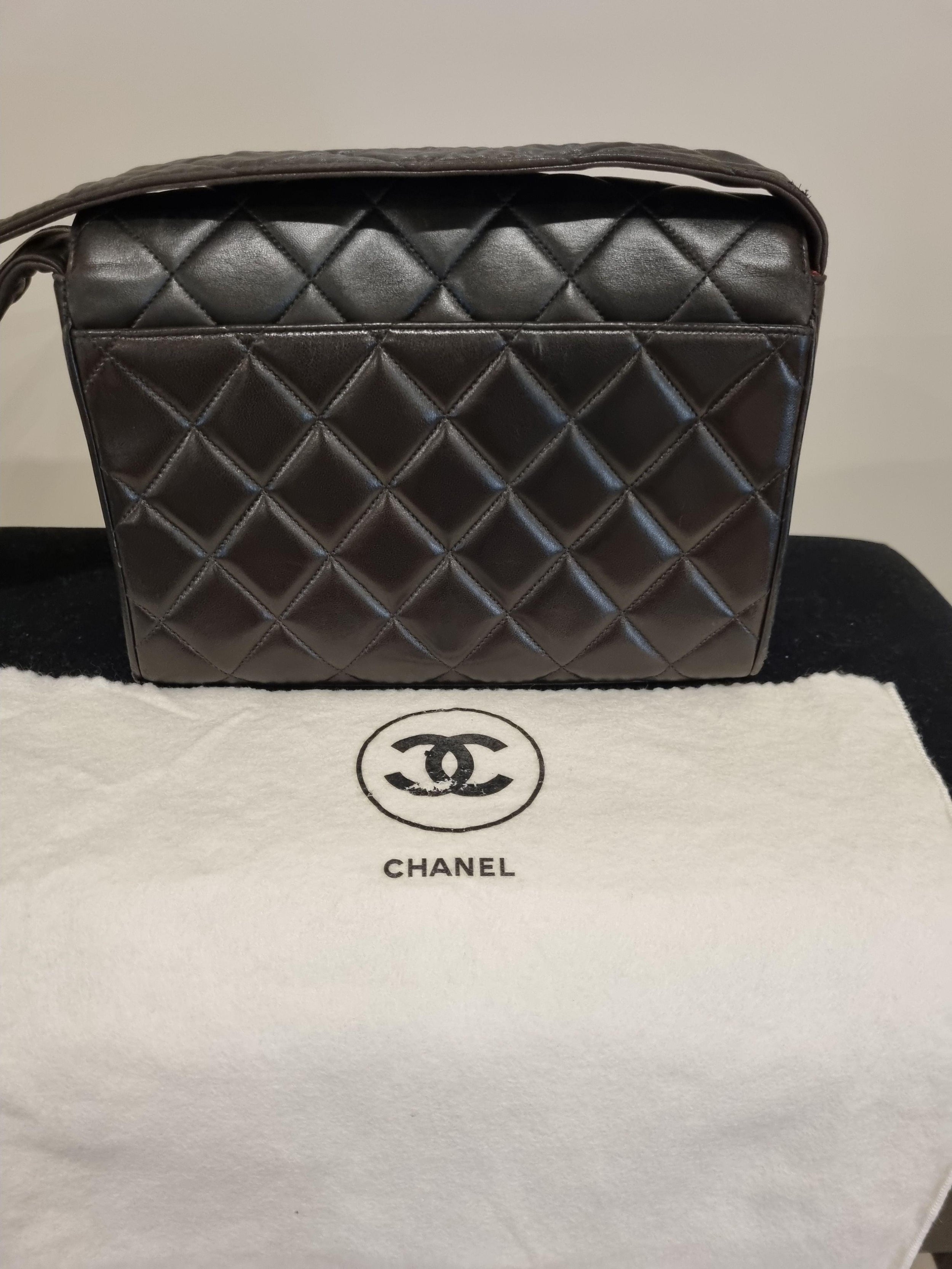 Vintage black leather quilted CC flap bag