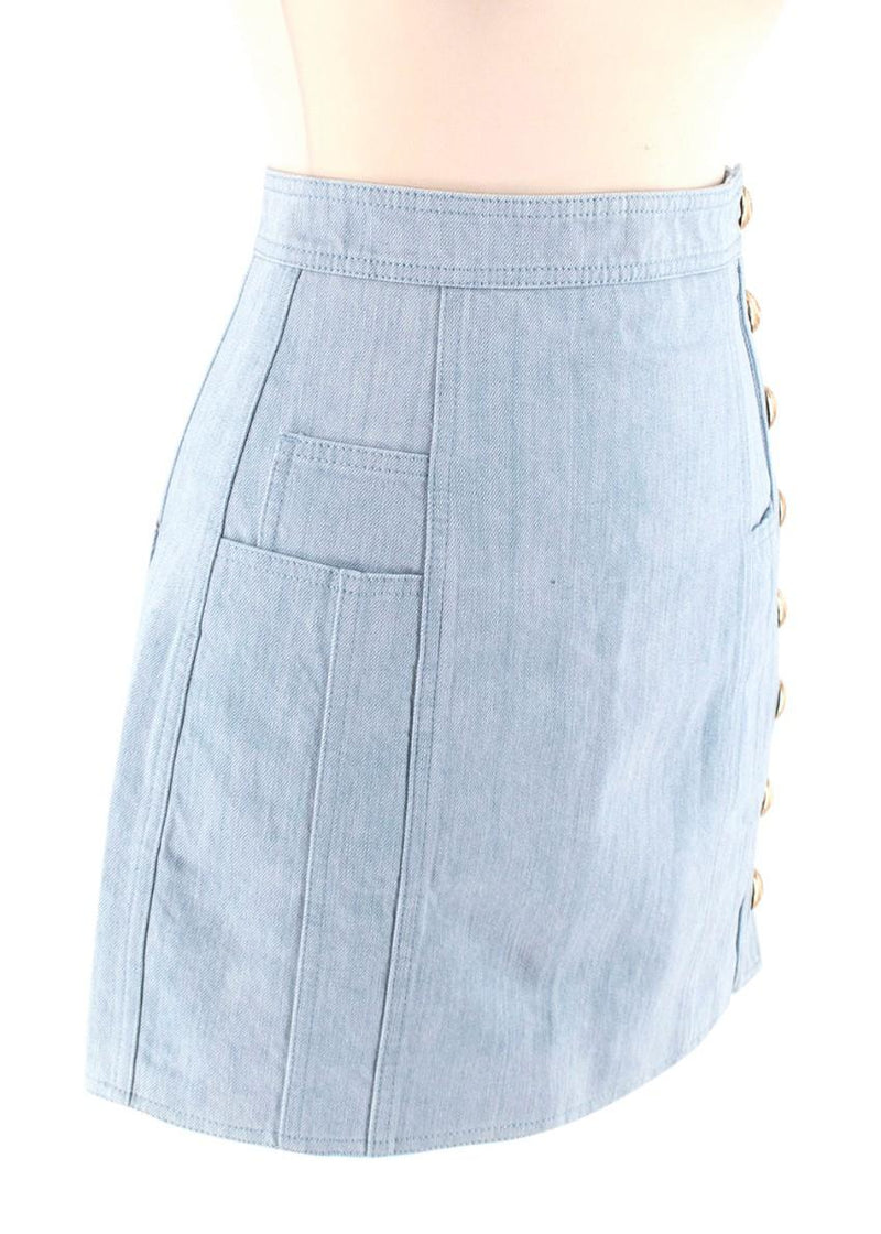 Balmain Blue Cotton Denim Buttoned Mini Skirt