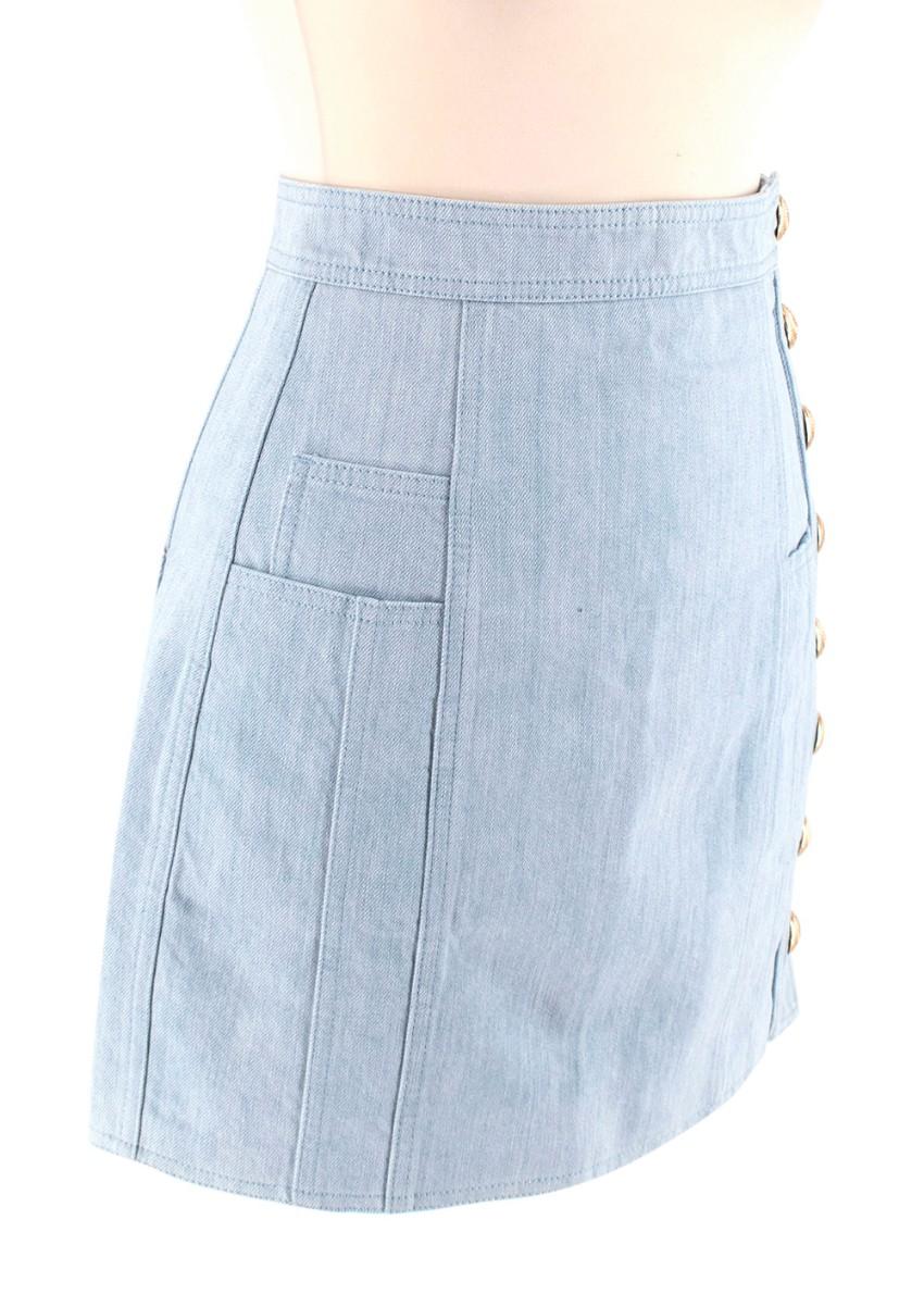 Balmain Blue Cotton Denim Buttoned Mini Skirt