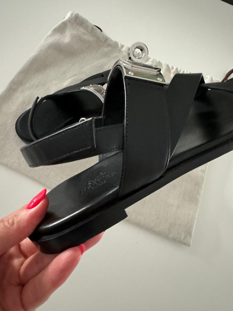 Hermes Oversized Kelly Buckle Black Sandals